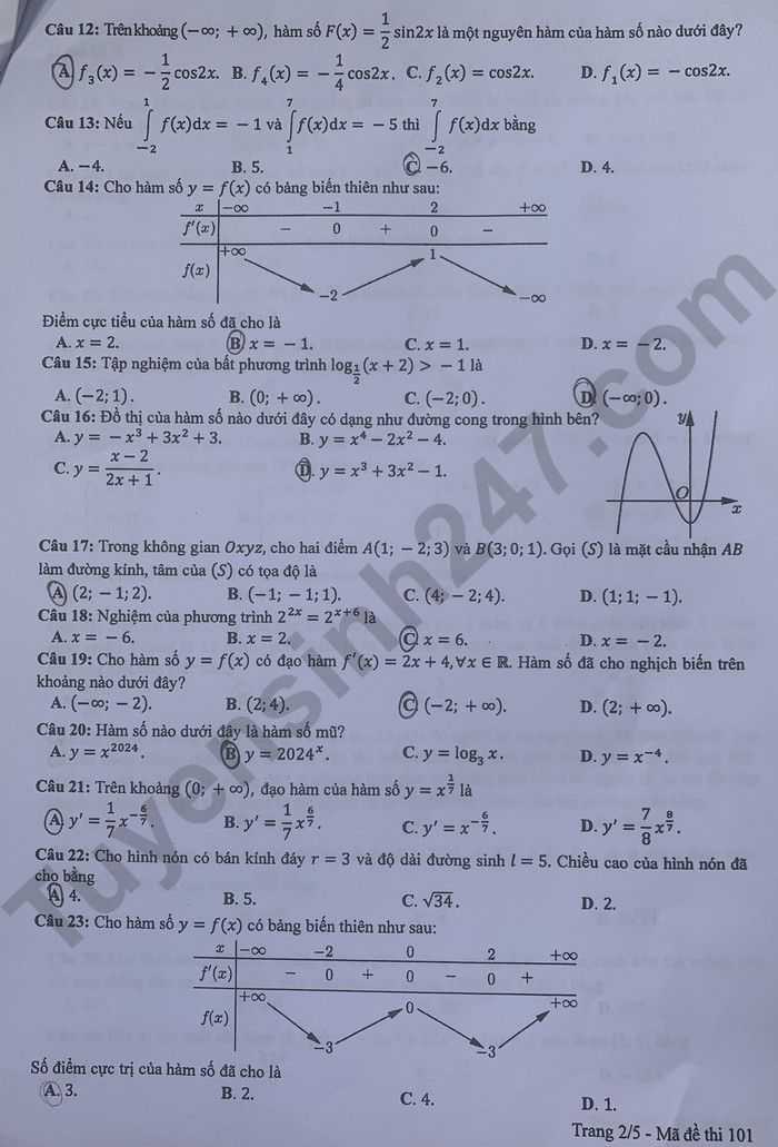 Dap an de thi tot nghiep THPT 2024 mon Toan - Ma de 101