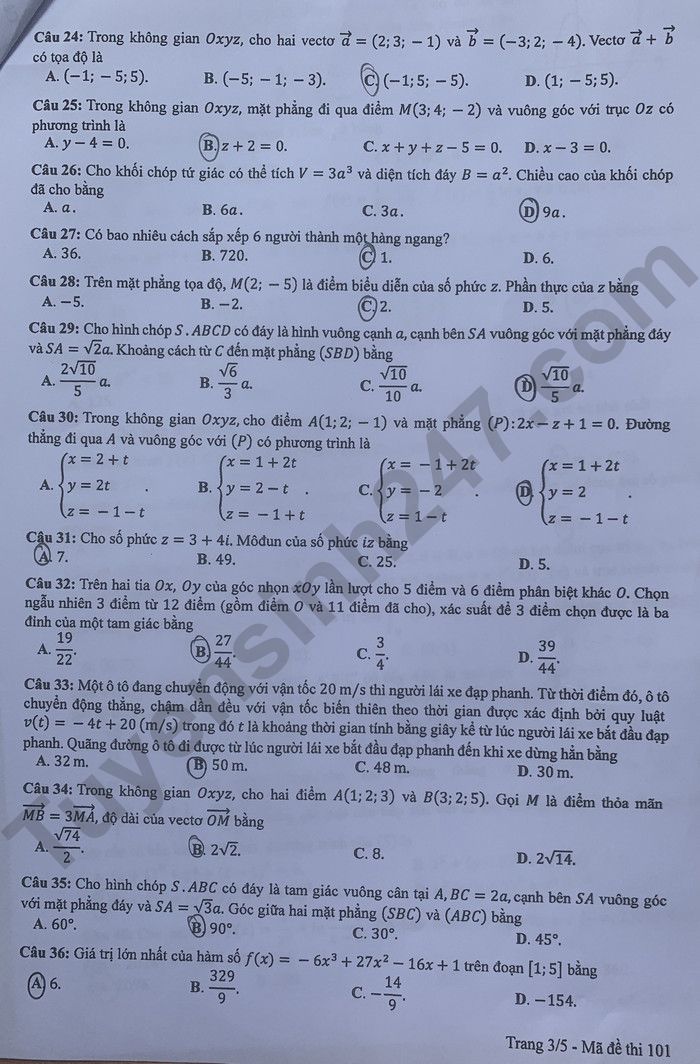 Dap an de thi tot nghiep THPT 2024 mon Toan - Ma de 101