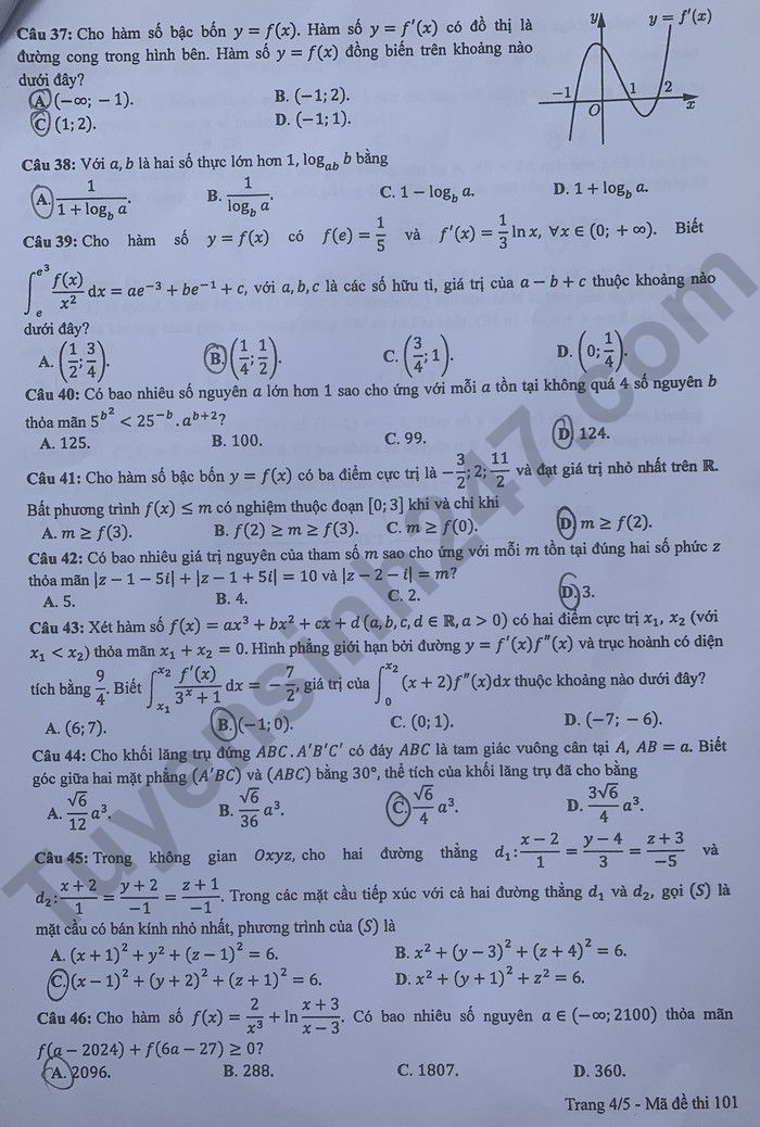 Dap an de thi tot nghiep THPT 2024 mon Toan - Ma de 101