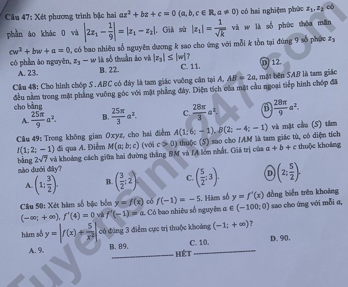 Dap an de thi tot nghiep THPT 2024 mon Toan - Ma de 101