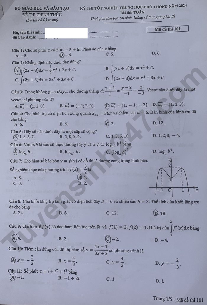 Dap an de thi tot nghiep THPT 2024 mon Toan - Ma de 101