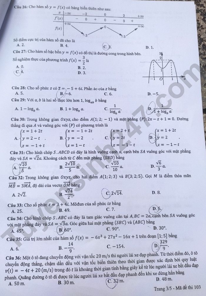 Dap an de thi tot nghiep THPT mon Toan nam 2024 - Ma de 103