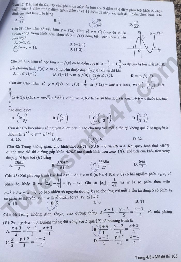 Dap an de thi tot nghiep THPT mon Toan nam 2024 - Ma de 103