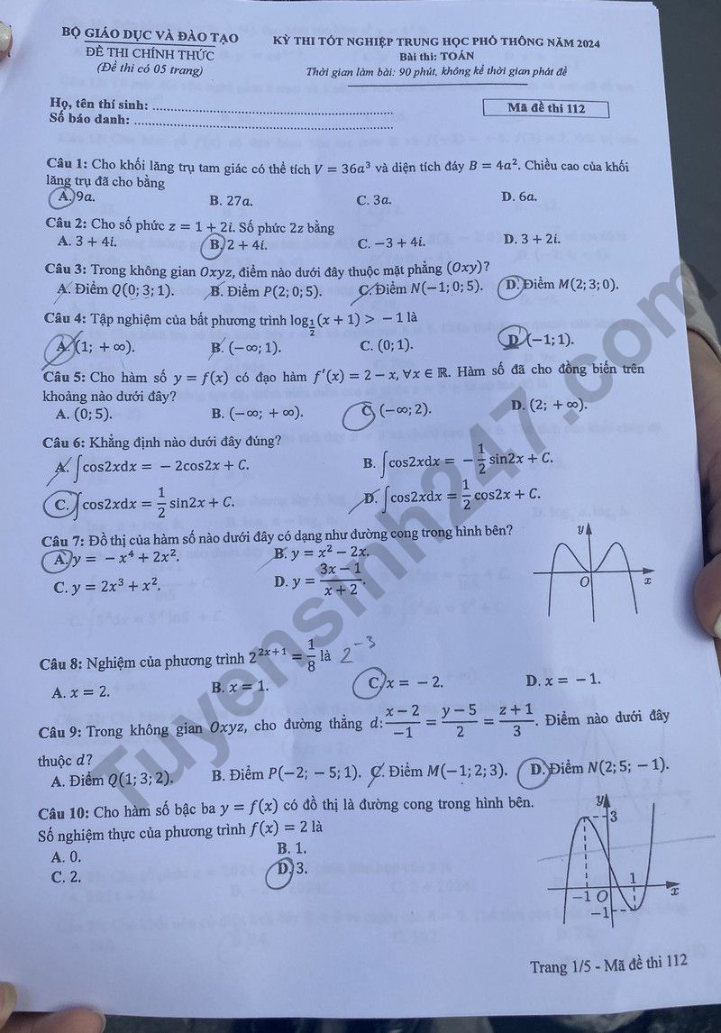 Dap an de thi mon Toan tot nghiep THPT nam 2024 - Ma de 112