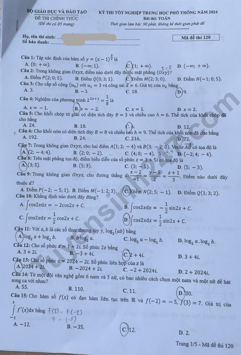 Dap an de thi tot nghiep THPT 2024 - Ma de 120 mon Toan