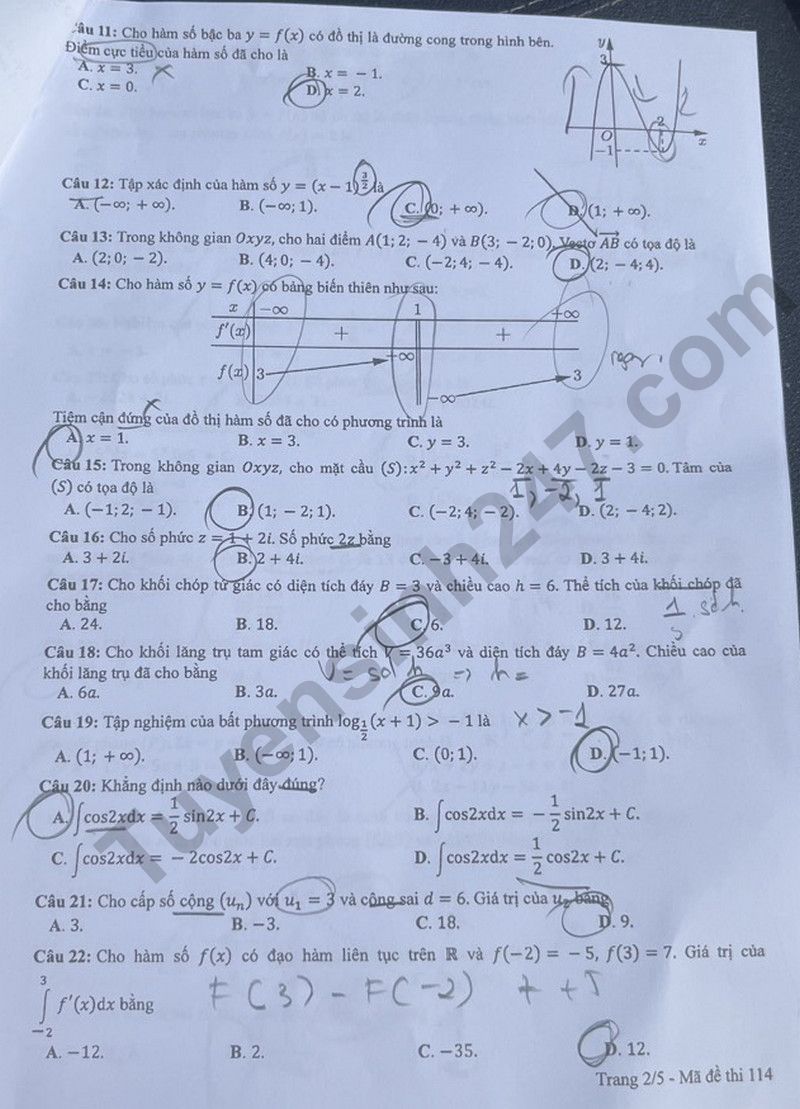 Dap an de thi tot nghiep THPT mon Toan 2024 - Ma de 114