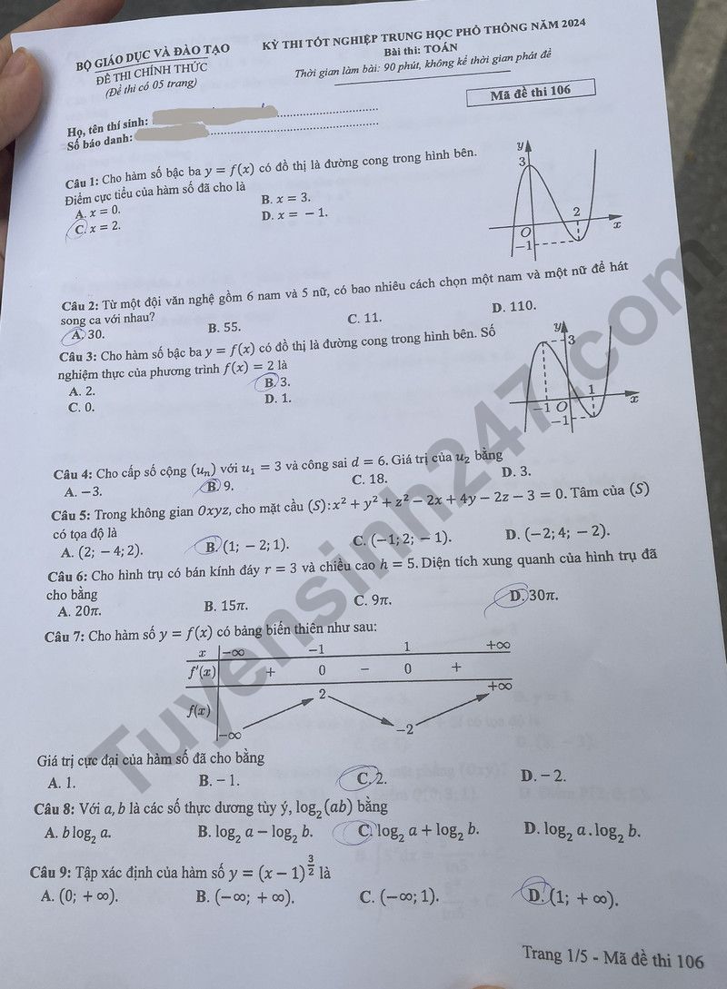 Dap an de thi tot nghiep THPT 2024 mon Toan ma de 106