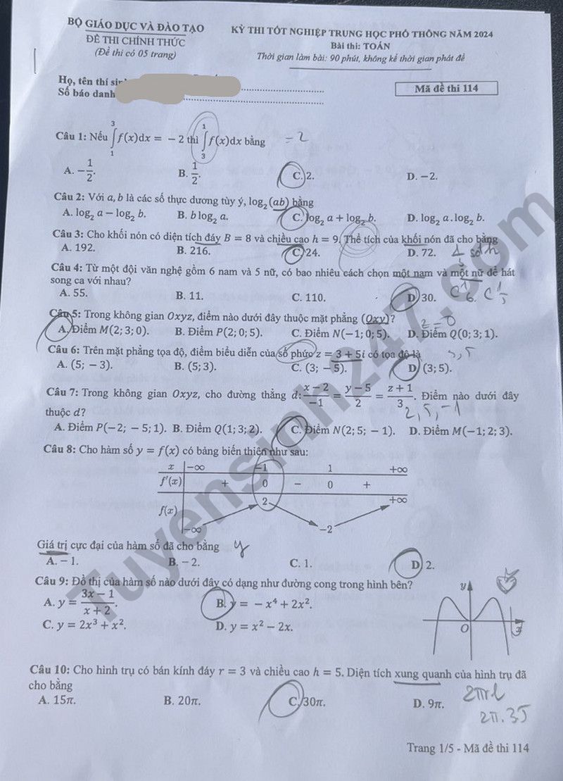 Dap an de thi tot nghiep THPT mon Toan 2024 - Ma de 114