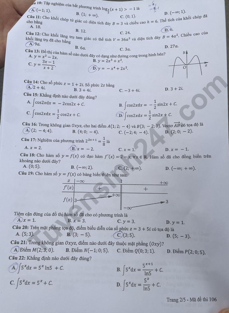 Dap an de thi tot nghiep THPT 2024 mon Toan ma de 106