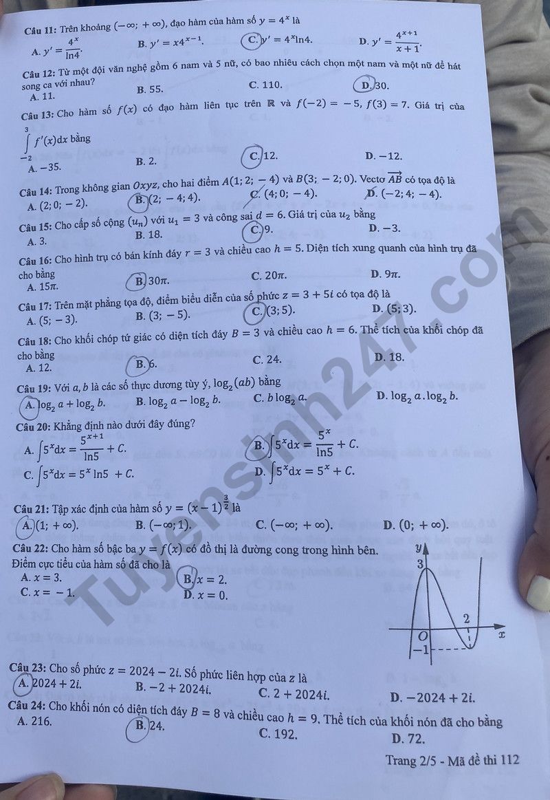 Dap an de thi mon Toan tot nghiep THPT nam 2024 - Ma de 112