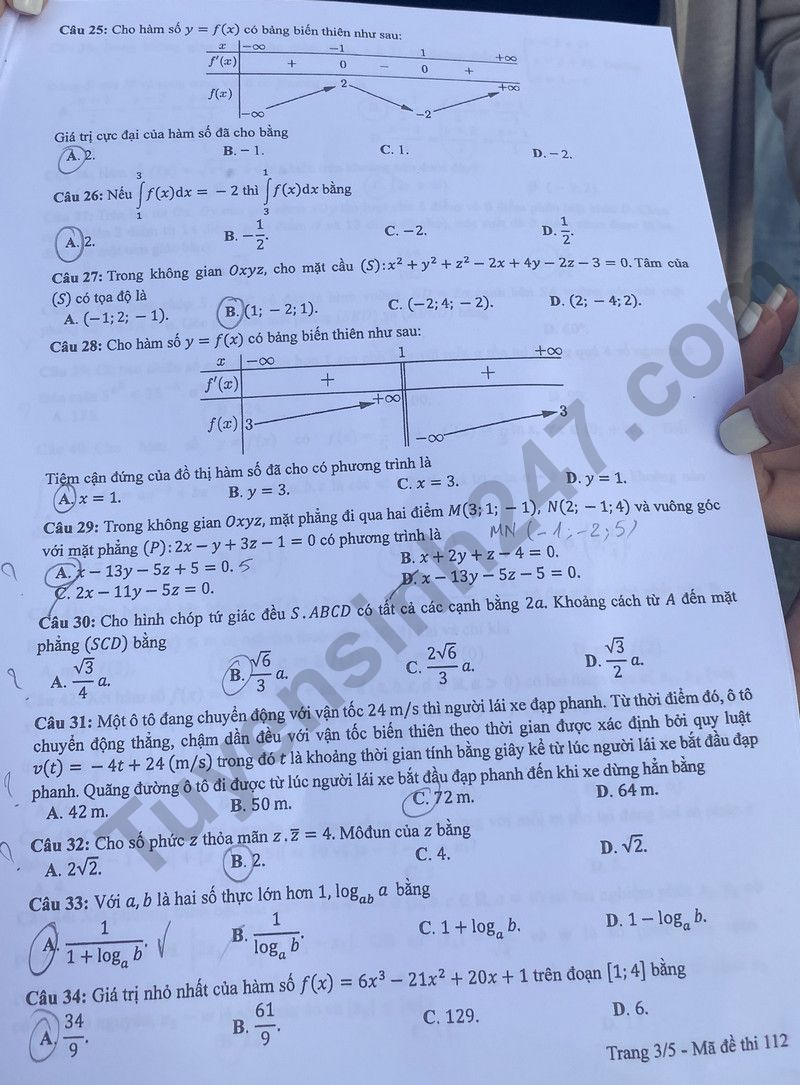 Dap an de thi mon Toan tot nghiep THPT nam 2024 - Ma de 112