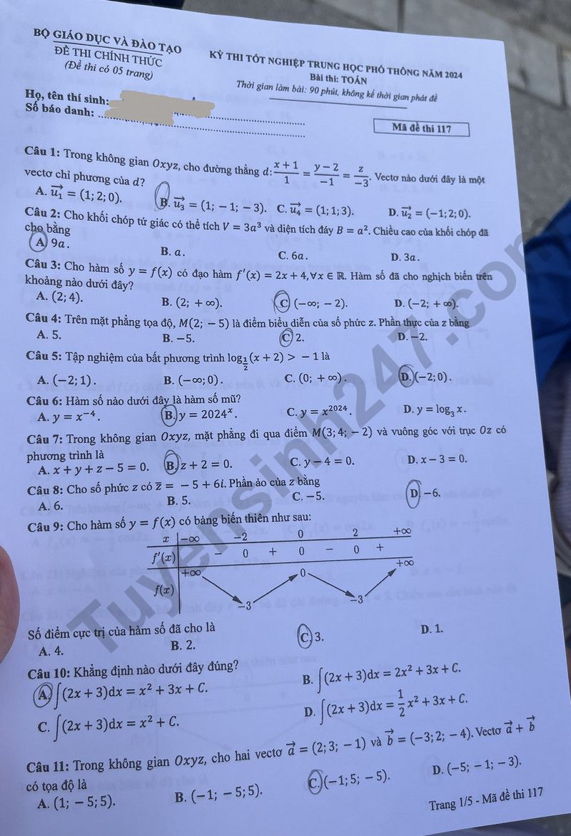 Dap an de thi tot nghiep THPT mon Toan - Ma de 117 nam 2024