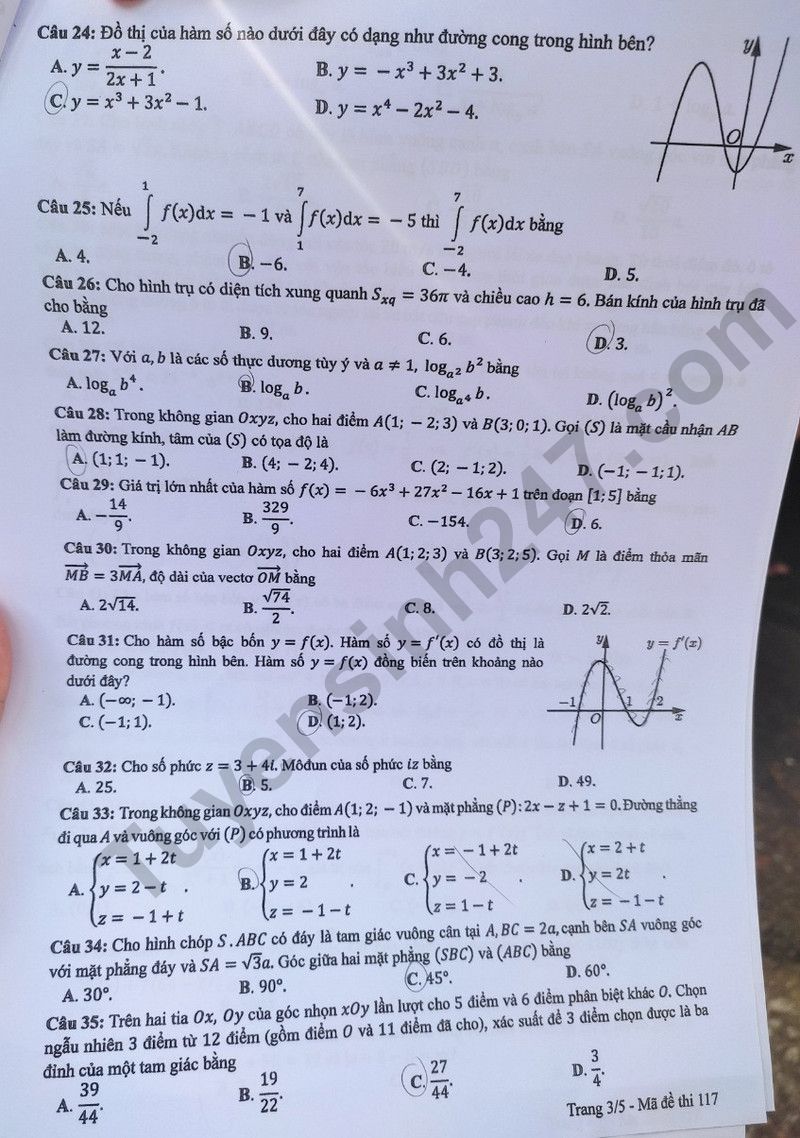 Dap an de thi tot nghiep THPT mon Toan - Ma de 117 nam 2024