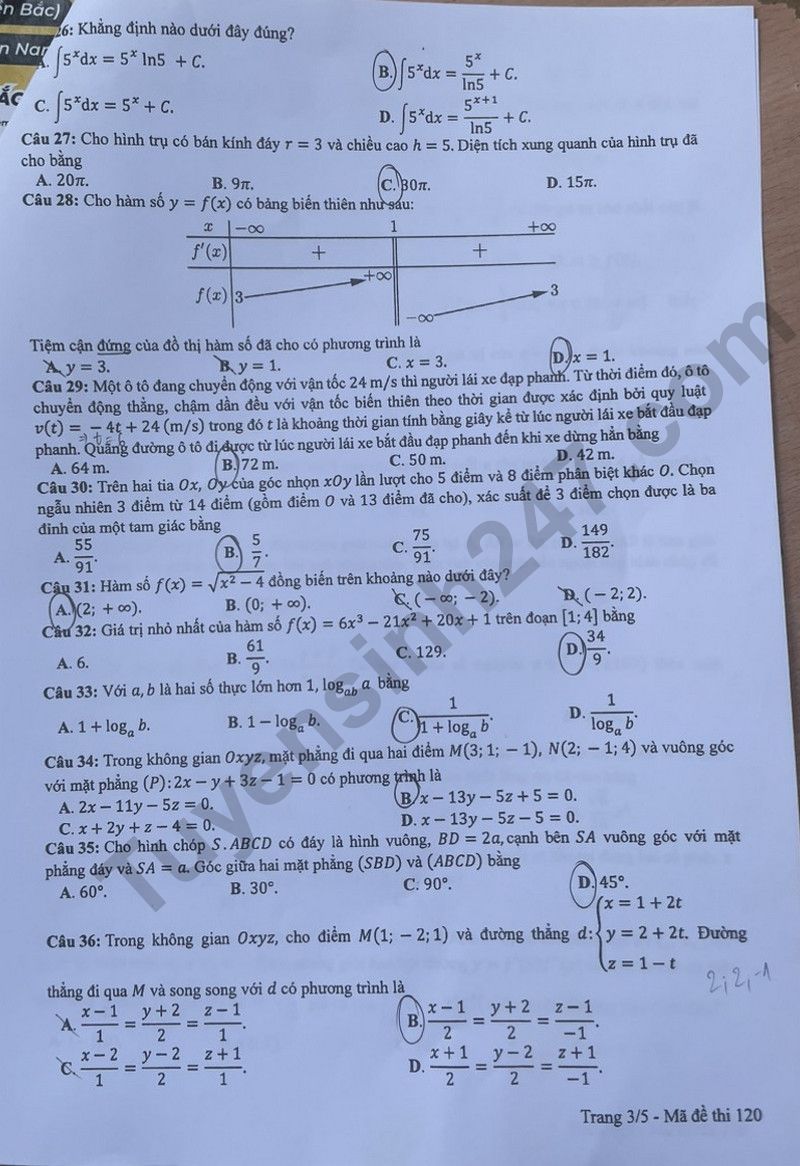 Dap an de thi tot nghiep THPT 2024 - Ma de 120 mon Toan