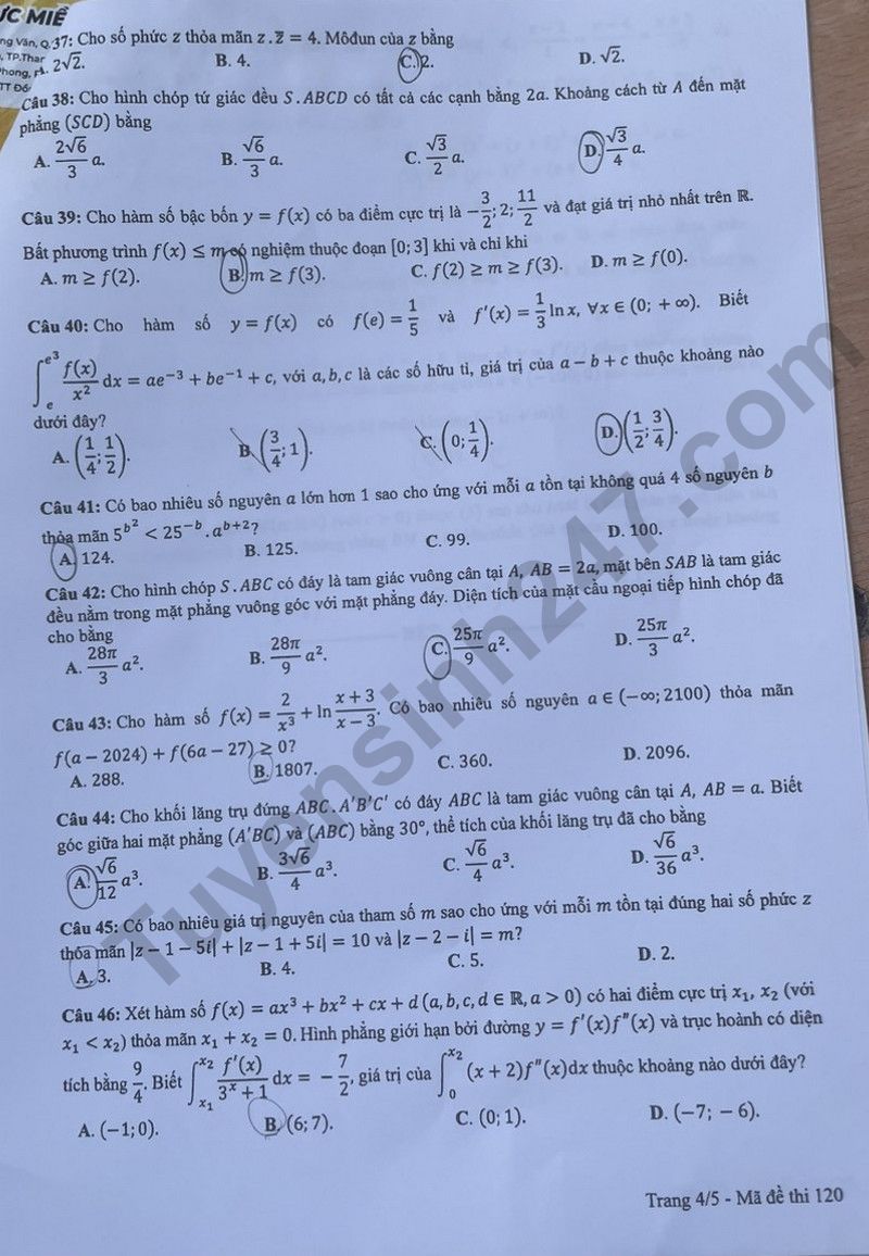 Dap an de thi tot nghiep THPT 2024 - Ma de 120 mon Toan