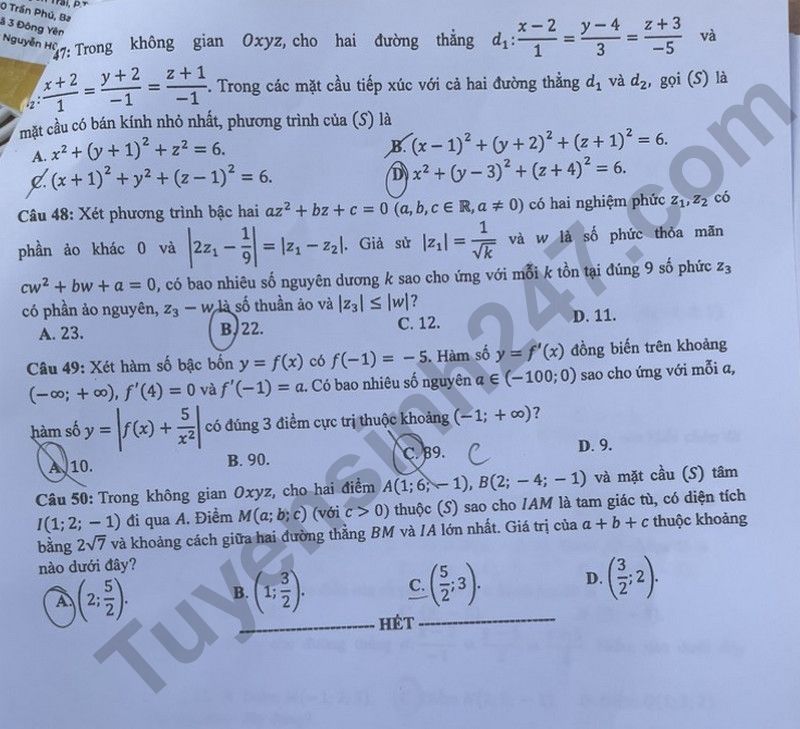 Dap an de thi tot nghiep THPT 2024 - Ma de 120 mon Toan