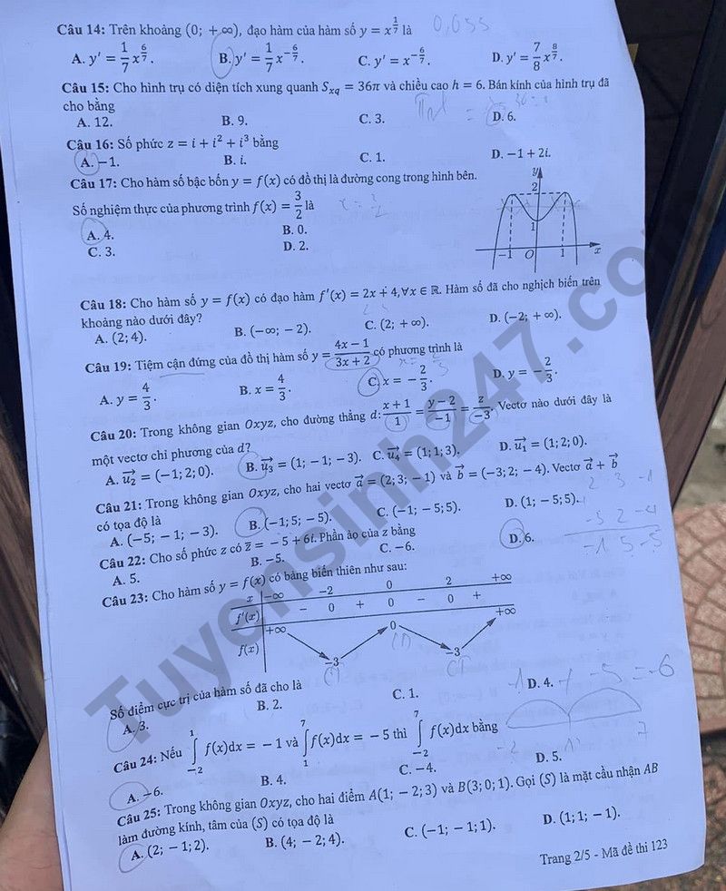 Dap an de thi tot nghiep THPT 2024 mon Toan - Ma de 123