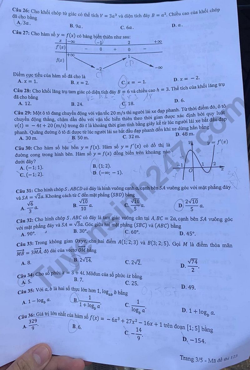 Dap an de thi tot nghiep THPT 2024 mon Toan - Ma de 123