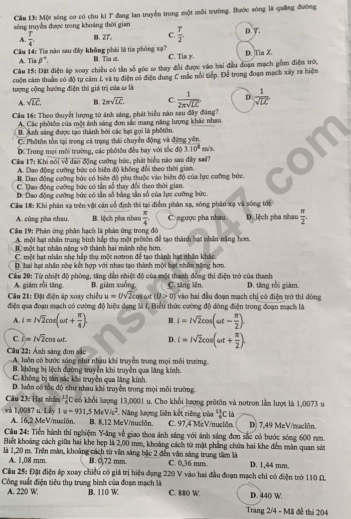 Dap an de thi tot nghiep THPT 2024 - Ma de 204 mon Ly