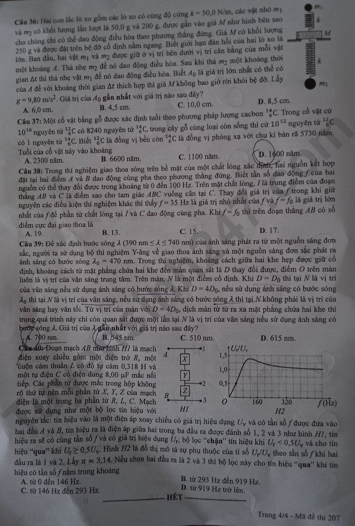 Dap an de thi tot nghiep THPT nam 2024 - Ma de 207 mon Ly