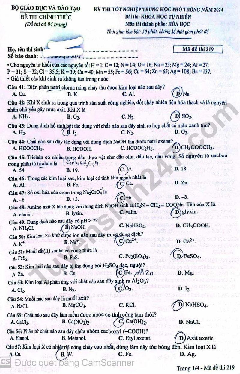 Dap an de thi tot nghiep THPT mon Hoa - Ma de 219 nam 2024