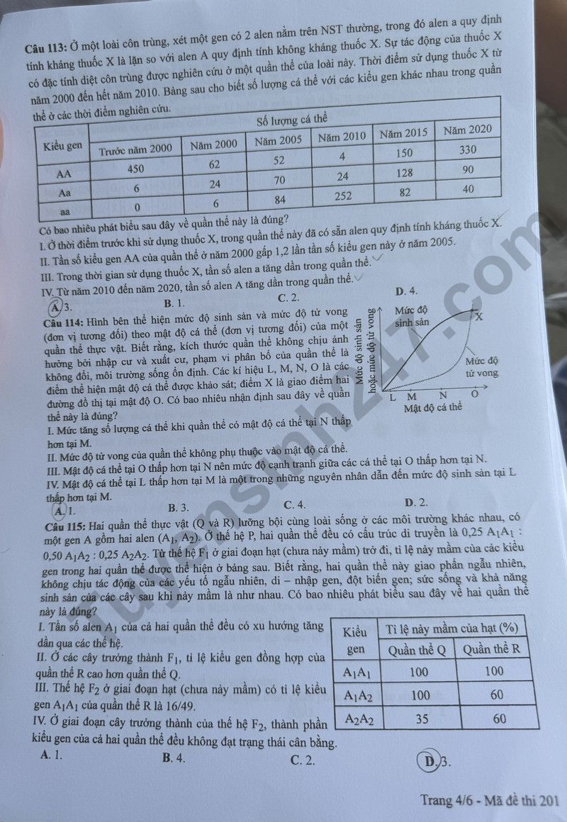 Dap an de thi tot nghiep THPT mon Sinh - Ma de 201 nam 2024