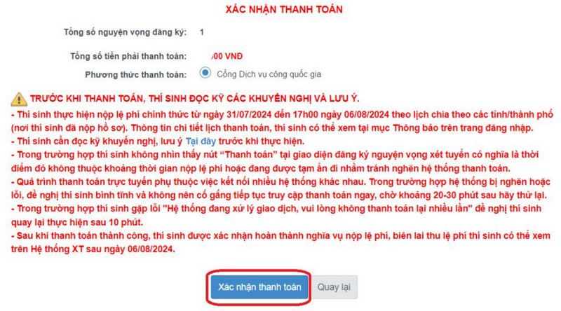 Huong dan thanh toan le phi xet tuyen Dai hoc 2024 - Truc tuyen