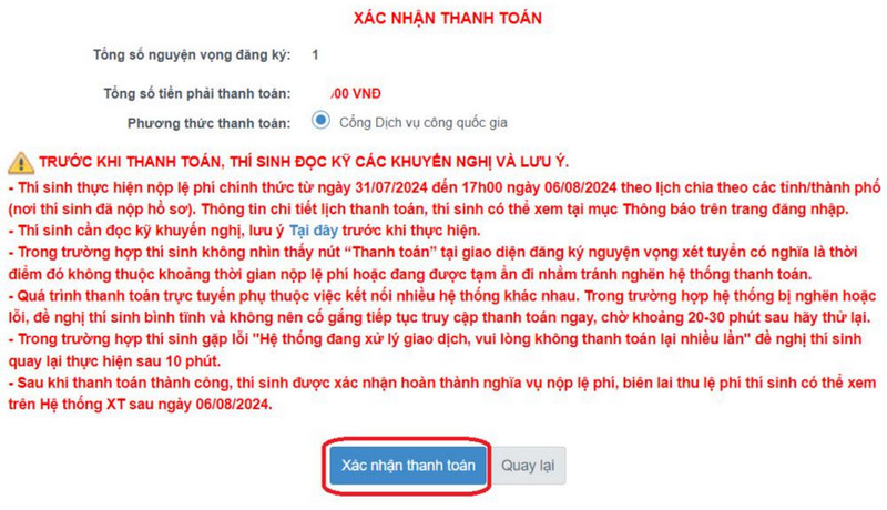 Huong dan thanh toan le phi xet tuyen Dai hoc 2024 - Truc tuyen