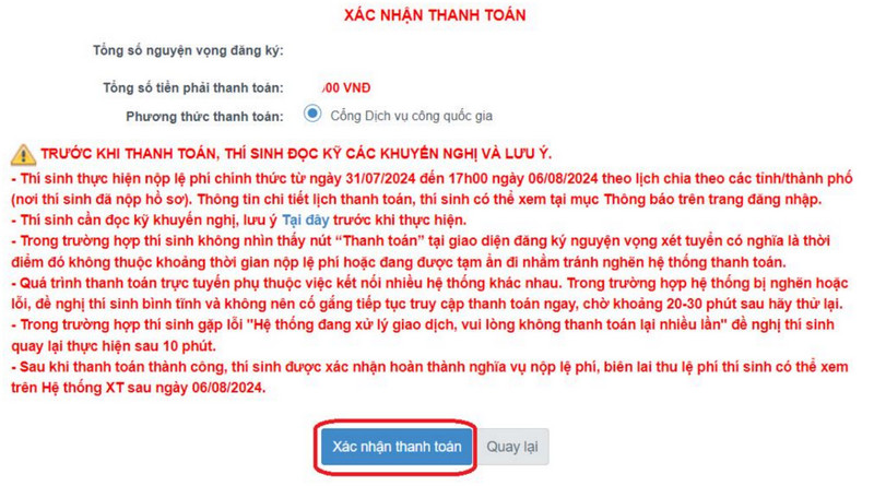 Huong dan thanh toan le phi xet tuyen Dai hoc 2024 - Truc tuyen