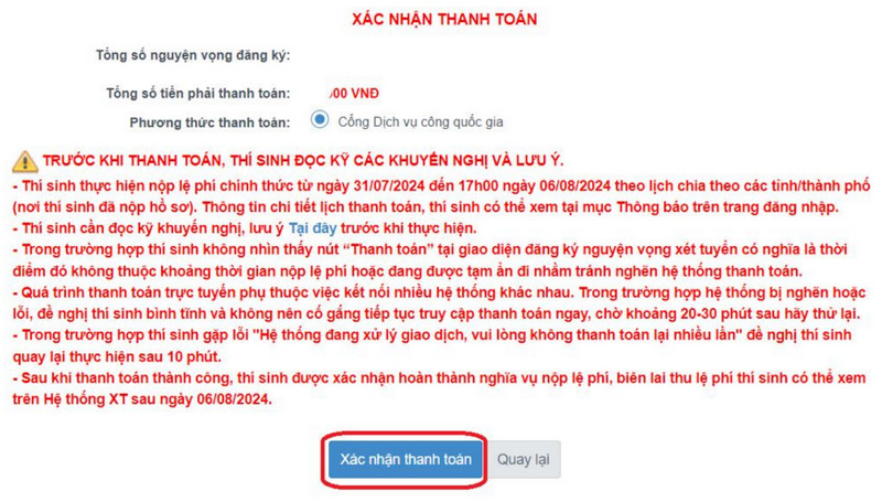 Huong dan thanh toan le phi xet tuyen Dai hoc 2024 - Truc tuyen