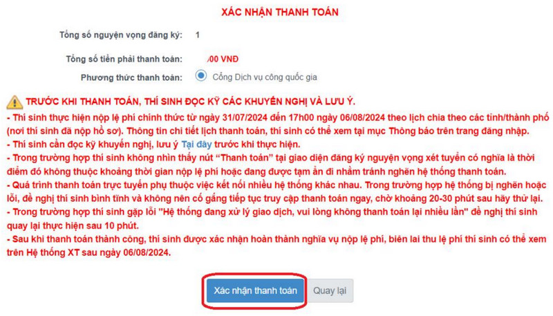 Huong dan thanh toan le phi xet tuyen Dai hoc 2024 - Truc tuyen