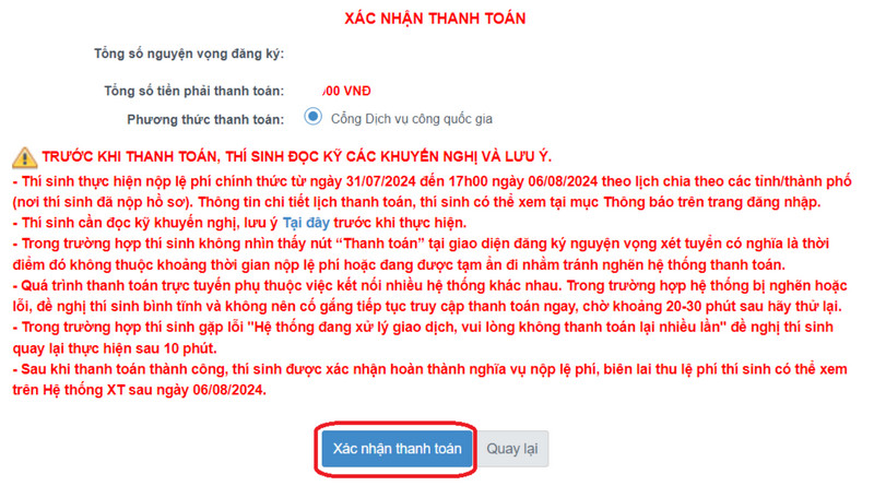 Huong dan thanh toan le phi xet tuyen Dai hoc 2024 - Truc tuyen