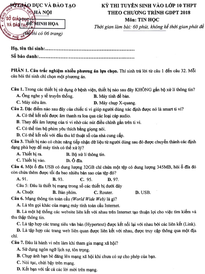 De minh hoa vao lop 10 mon Tin 2025 Ha Noi (Co dap an)