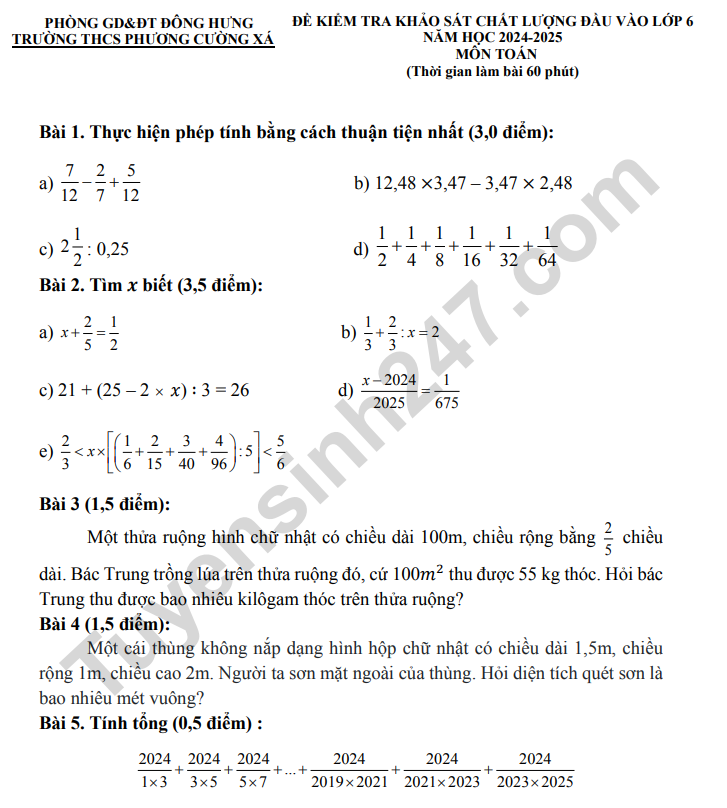 De KSCL dau nam lop 6 mon Toan 2024 - THCS Phuong Cuong Xa