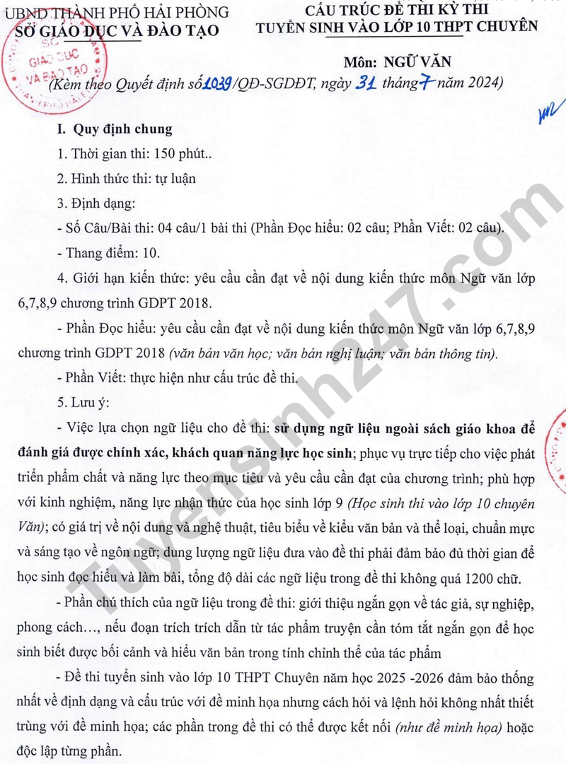 Cau truc de thi vao lop 10 THPT chuyen mon Van - Hai Phong 2025