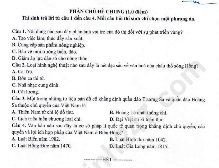 De minh hoa vao lop 10 mon Lich su va Dia ly 2025 - So GD Hai Phong (Co dap an)