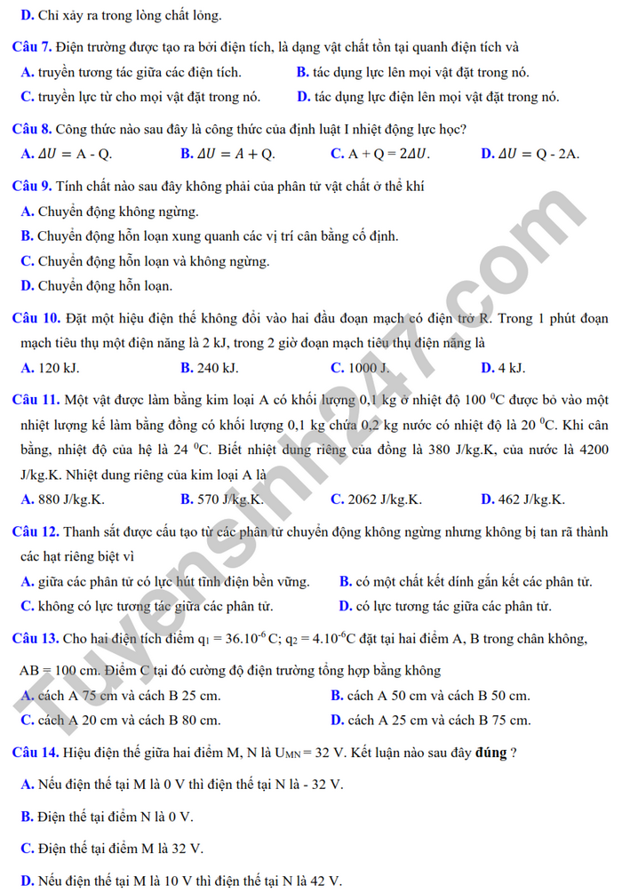 De khao sat mon Ly lop 12 nam 2025 - THPT Thuan Thanh 1 (Co dap an)