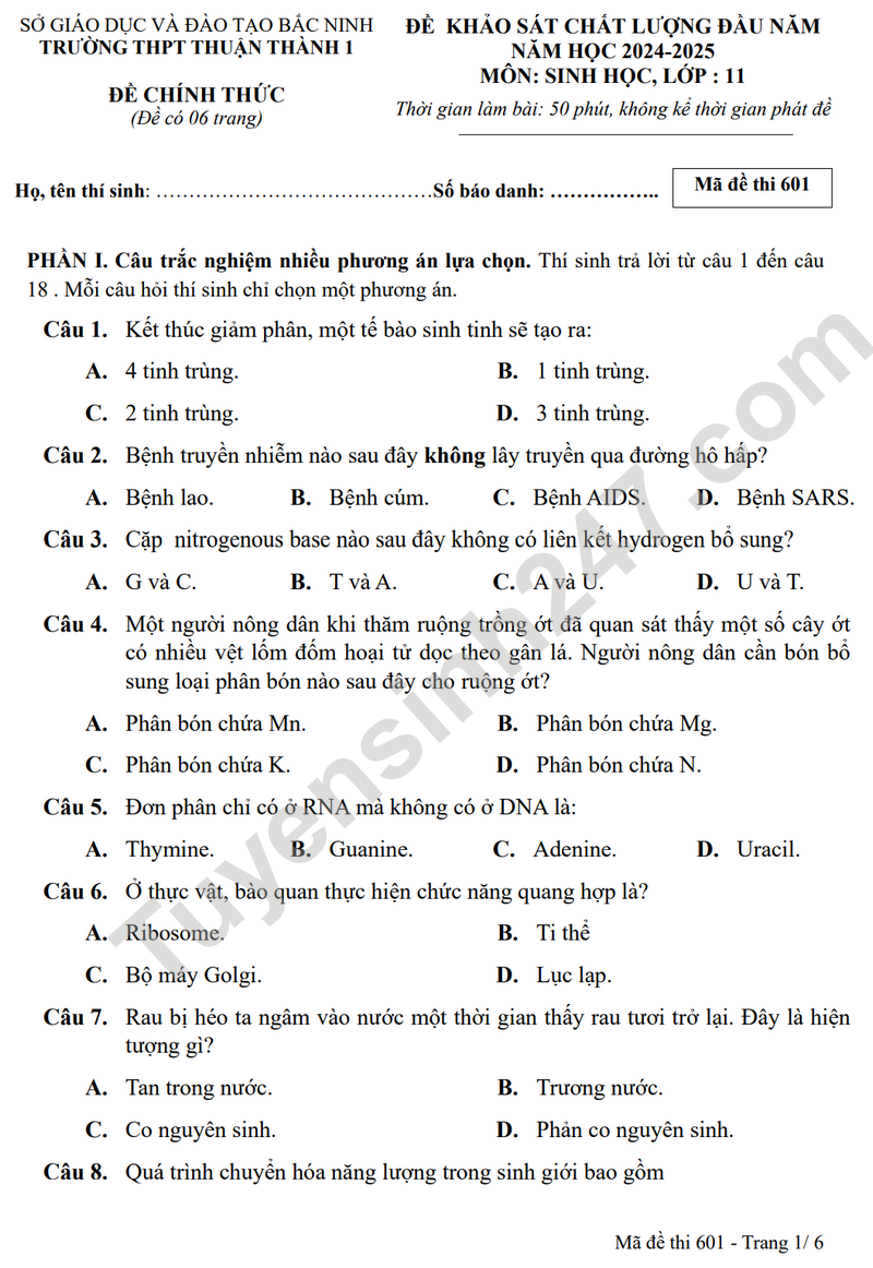 De KSCL mon Sinh lop 11 nam 2025 - THPT Thuan Thanh 1 (Co dap an)