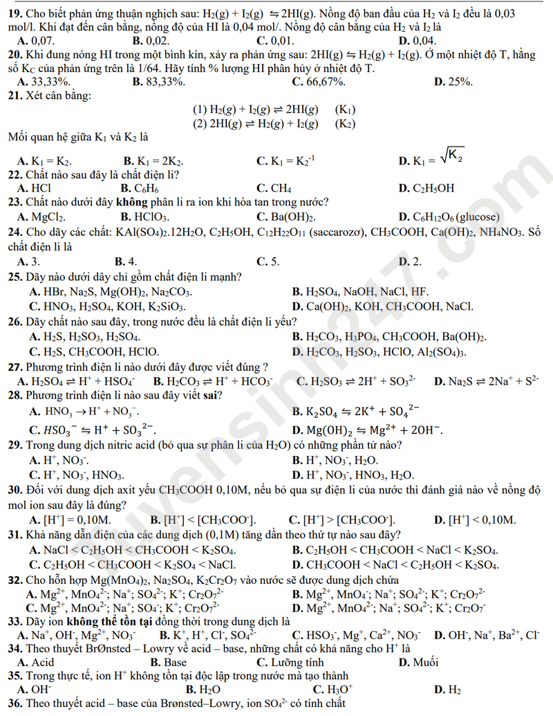 De cuong on tap giua HK1 lop 11 mon Hoa - THPT Viet Duc 2025