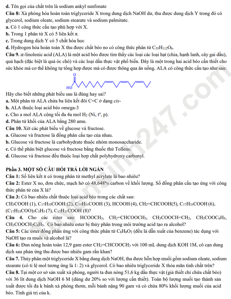 De cuong on tap giua HK1 lop 12 mon Hoa 2025 - THPT Viet Duc