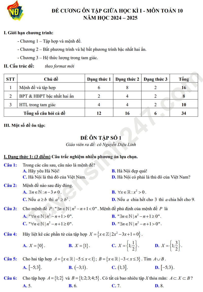 De cuong on tap giua hoc ky 1 lop 10 mon Toan 2025 - THPT Viet Duc