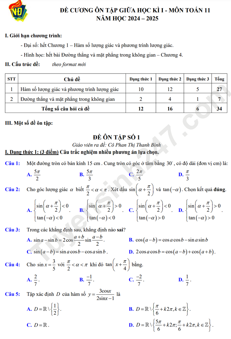 De cuong on tap giua HK1 mon Toan lop 11 - THPT Viet Duc 2025