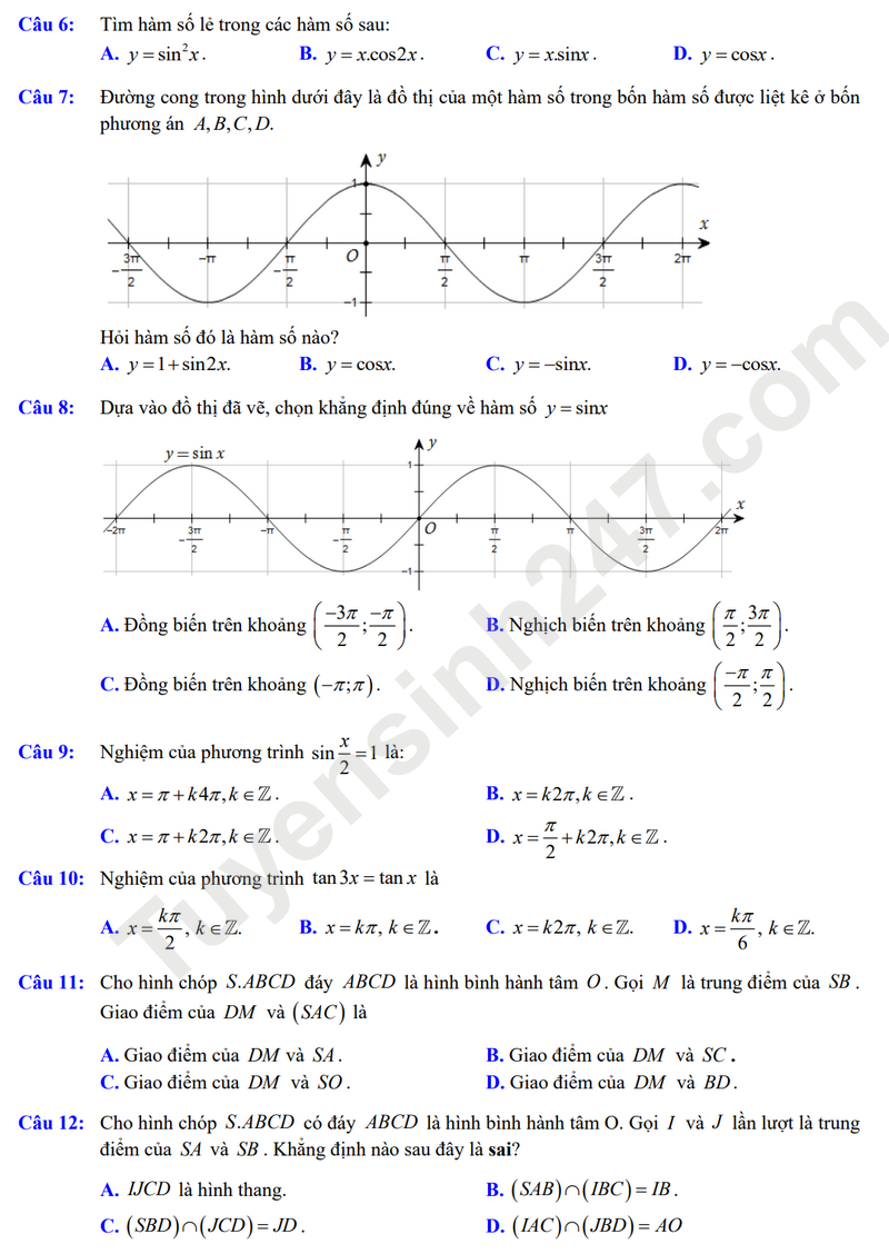 De cuong on tap giua HK1 mon Toan lop 11 - THPT Viet Duc 2025