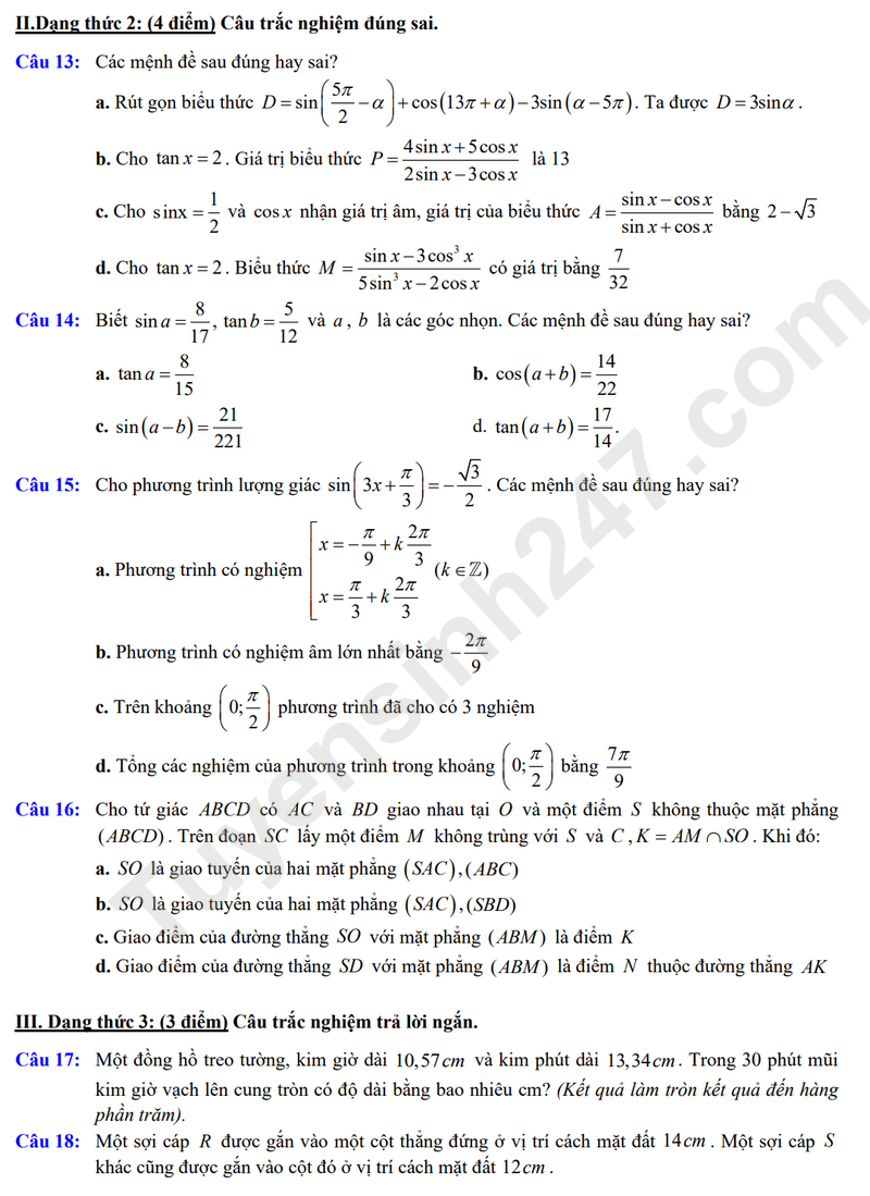 De cuong on tap giua HK1 mon Toan lop 11 - THPT Viet Duc 2025