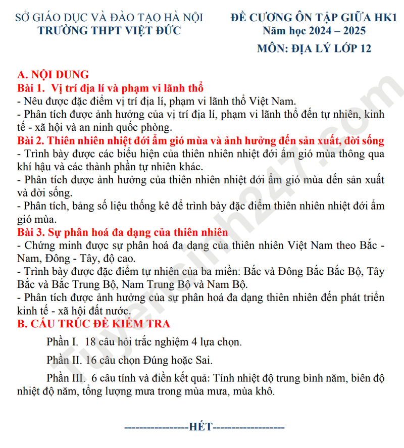 De cuong on tap giua ky 1 lop 12 mon Dia 2025 - THPT Viet Duc, Ha Noi