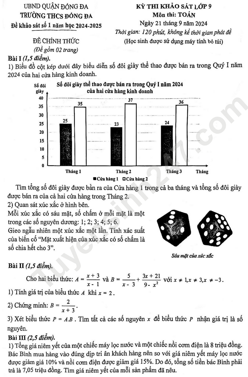 De KSCL mon Toan lop 9 nam 2024 - THCS Dong Da