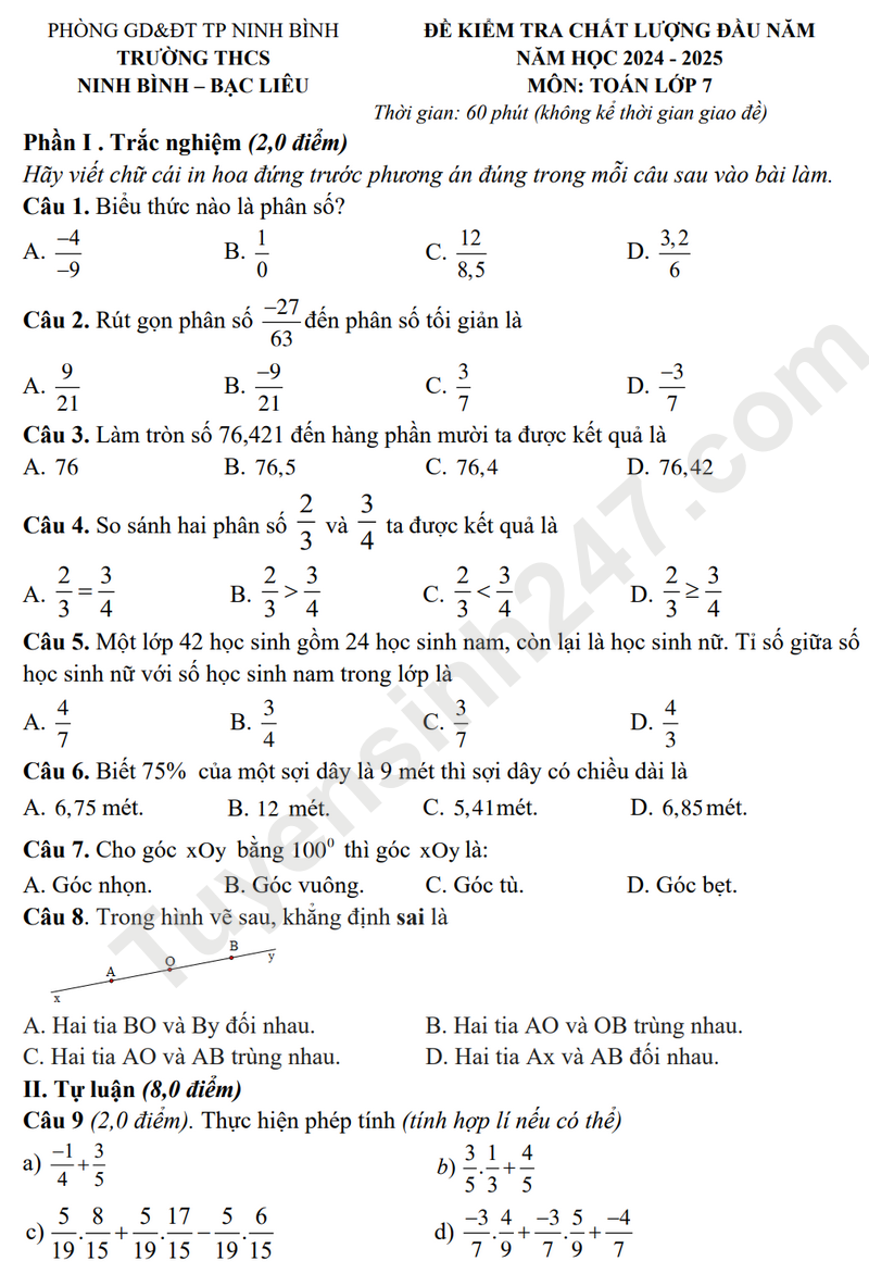 De KSCL lop 7 mon Toan 2024 - THCS Ninh Binh Bac Lieu (Co dap an)