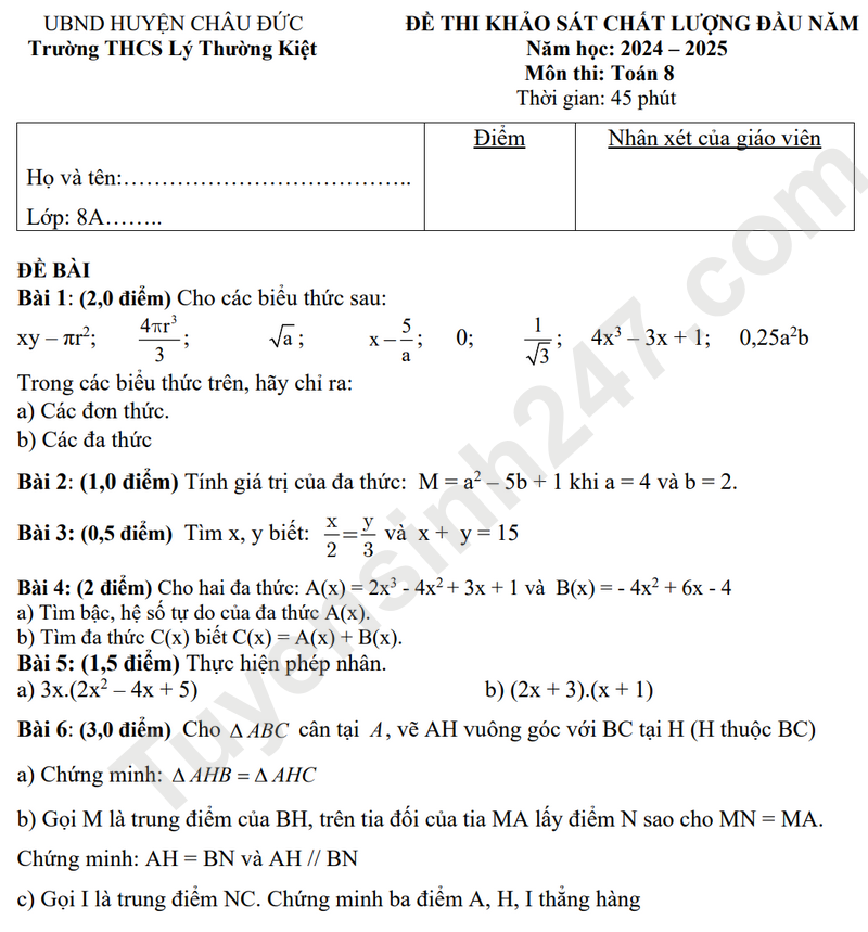 De KSCL mon Toan lop 8 nam 2025 - THPT Ly Thuong Kiet (Co dap an)