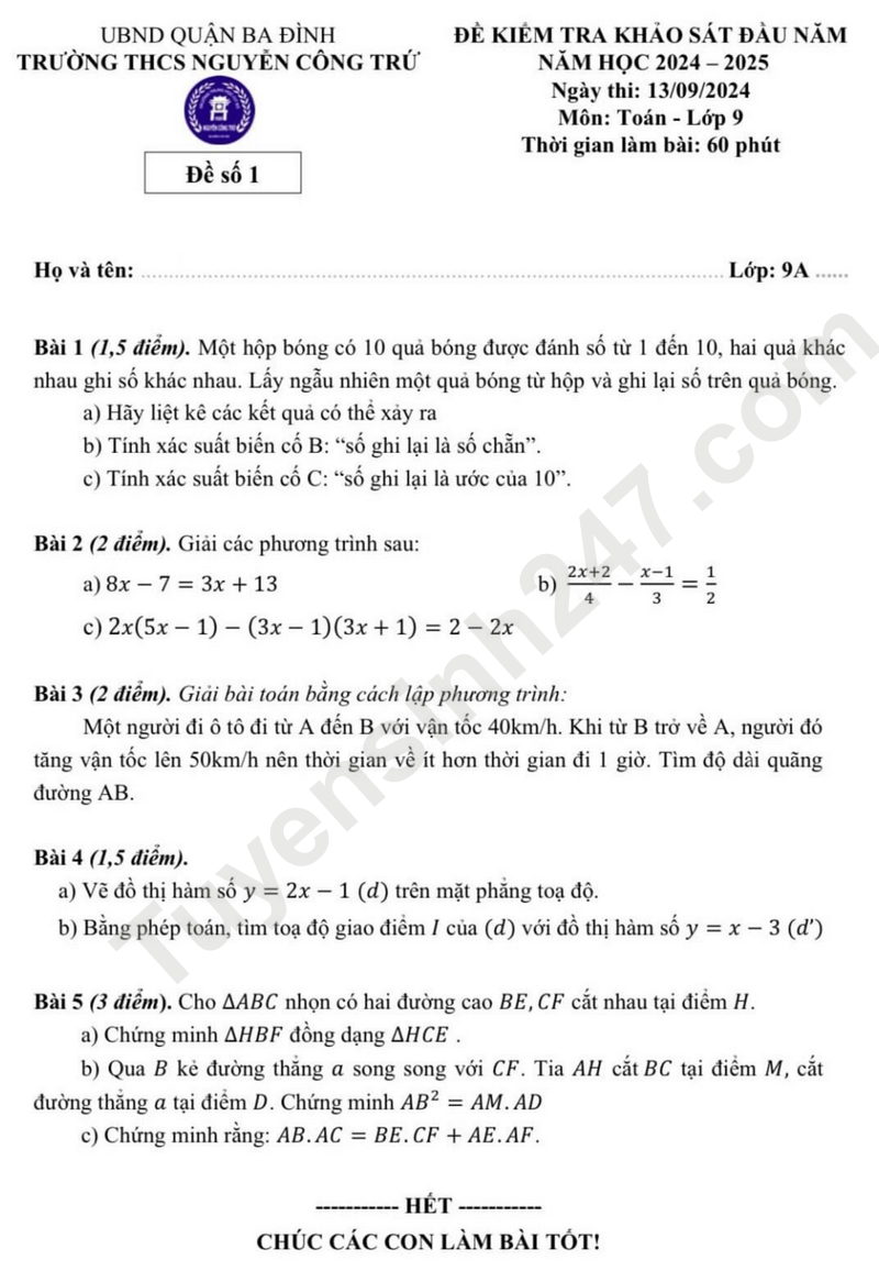 De KSCL mon Toan lop 9 nam 2024 - THCS Nguyen Cong Tru