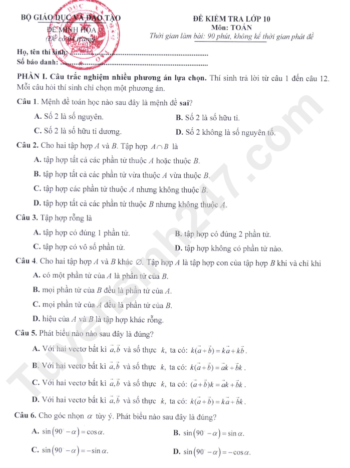 De minh hoa kiem tra dinh ki lop 10 chuong trinh moi - Tat ca cac mon